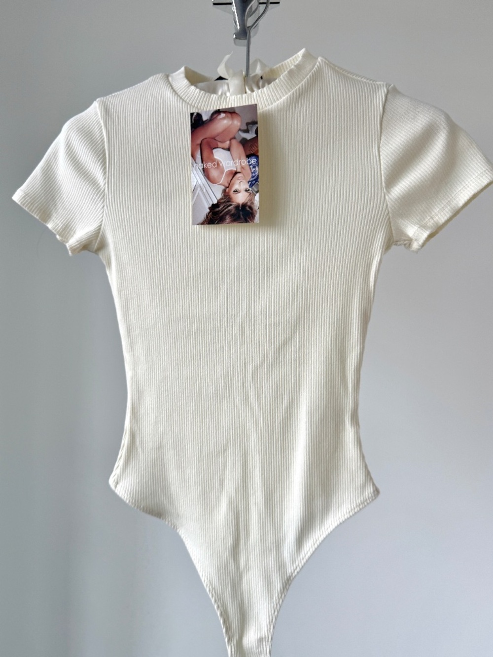 NWT Naked Wardrobe White Ribbed Short Sleeve Bodysuit Top